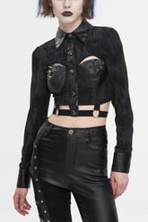 Chemise Punk Femme Noire à Col Rabattu avec Découpes et Manches Longues Cloutées